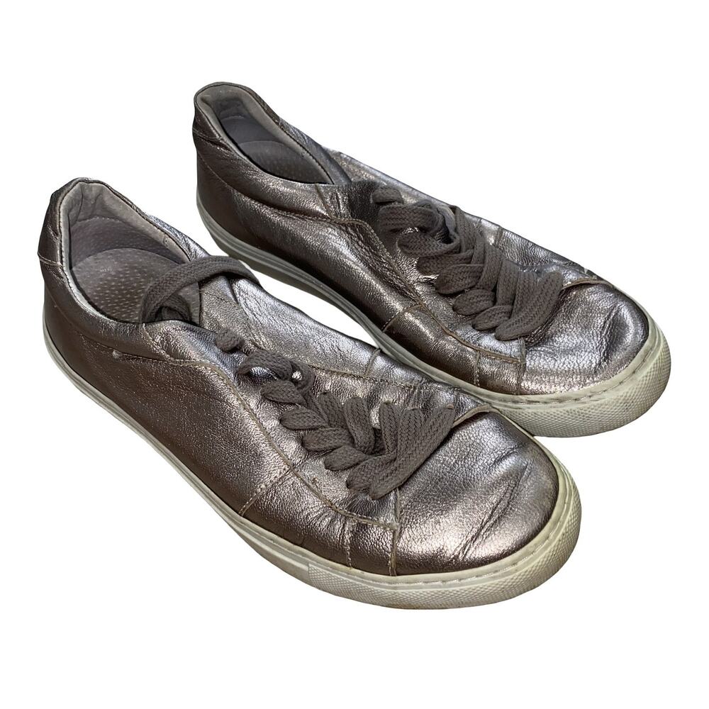 Metallic Pewter Silver Low Top Sneakers | Distressed Lace Up EUR 38 Casual